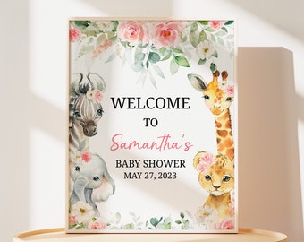 May include: A welcome sign for a baby shower with a floral design and illustrations of a zebra, elephant, giraffe, and lion. The sign reads "Welcome to Samantha's Baby Shower May 27, 2023".