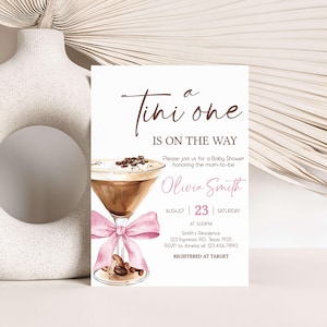 Editable Espresso Martini Baby Shower Invitation, A Tini One Is On the Way Brewing Baby Shower Invite, Pink Bow Coffee Shower Invite, 01099
