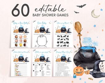 Editable A Baby is Brewing Baby Shower Games Bundle, Blue Halloween Baby Shower Game Pack, Boy Spooky Witch Game, Fall Baby Shower, 0927