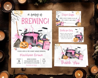 編集可能なピンクの「A Baby is Brewing」ハロウィンベビーシャワー招待状セット、不気味な魔女ベビーシャワー招待状、女の子向けハロウィン招待状セット、01148
