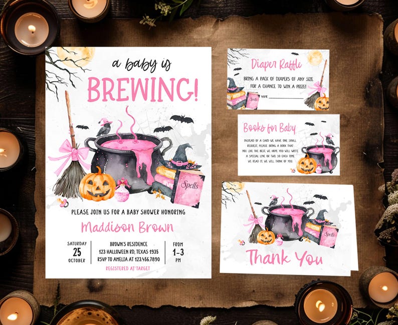 A Halloween-themed baby shower invitation featuring a black cauldron, pumpkins, bats, and a broom, with a spooky and whimsical design.