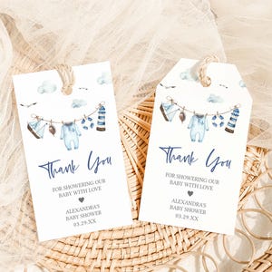 Editable Ahoy It&#39;s a Boy Baby Shower Favor Tag, Boy Sailboat Nautical Baby Shower Gift Tags, Blue Baby Clothes Baby Shower Thank You, 01067
