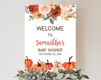 Editable Little Pumpkin Baby Shower Welcome Sign, Fall Floral Baby Shower Welcome Poster, Girl Rustic Floral Pumpkin Welcome Sign Decor 0426