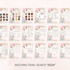 May include: A set of 12 printable baby shower game cards featuring pink floral designs and illustrations of elephants. The cards include games like "What Did Daddy Say", "Baby Shoe Guess", "Draw Baby", and "Who Am I?"