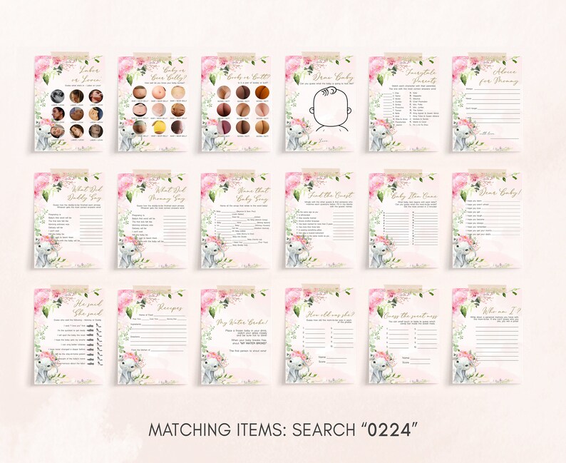 May include: A set of 12 printable baby shower game cards featuring pink floral designs and illustrations of elephants. The cards include games like "What Did Daddy Say", "Baby Shoe Guess", "Draw Baby", and "Who Am I?"