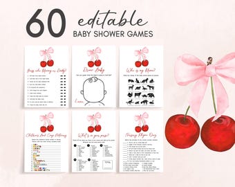 Editable Cherry Baby Shower Games Bundle, Cherry on Top Coquette Baby Shower Game Pack, Minimalist Pink Bow Baby Shower Games Set, 01033