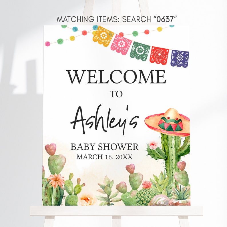 Taco editable sobre un cartel de bienvenida de baby shower, cartel de bienvenida de fiesta baby shower, cartel de baby shower mexicano de cactus, signo floral de cactus, 0637 imagen 3