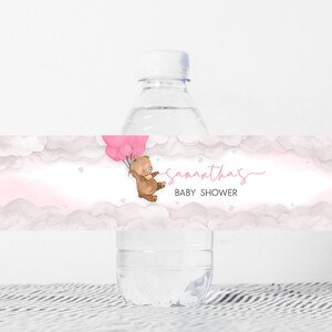 Editable Pink Balloon Bear Baby Shower Bottle Label, We Can Bearly Wait Boho Baby Shower Water Label, Brown Bear Girl Bottle Stickers, 0249 image 1