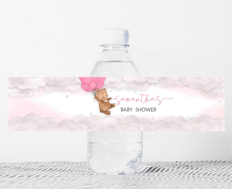 Editable Pink Balloon Bear Baby Shower Bottle Label, We Can Bearly Wait Boho Baby Shower Water Label, Brown Bear Girl Bottle Stickers, 0249 image 1