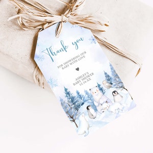 Bearbeitbare Winter Arktis Tiere Babyparty Geschenkanhänger, Blaues Baby Es ist kalt draußen Babyparty Geschenkanhänger, Junge Winter Dankeschön Anhänger, 0566 Bild 3