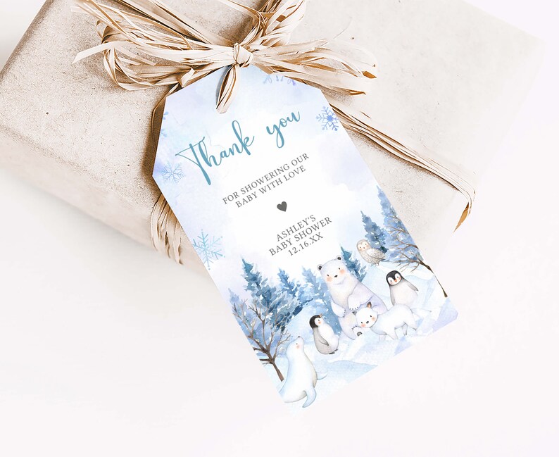 Bearbeitbare Winter Arktis Tiere Babyparty Geschenkanhänger, Blaues Baby Es ist kalt draußen Babyparty Geschenkanhänger, Junge Winter Dankeschön Anhänger, 0566 Bild 3