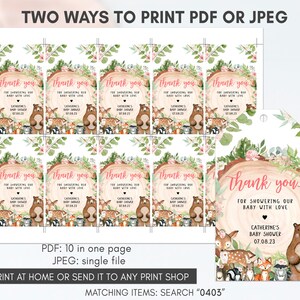 Editable Girl Woodland Baby Shower Favor Tags, Floral Forest Animals Baby Shower Gift Tag, Rustic Floral Woodland Animals Thank You Tag 0403 image 3