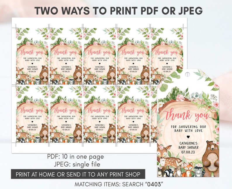 Editable Girl Woodland Baby Shower Favor Tags, Floral Forest Animals Baby Shower Gift Tag, Rustic Floral Woodland Animals Thank You Tag 0403 image 3
