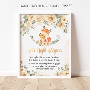Pañales nocturnos firman floral fox baby shower, otoño baby shower pañal pensamientos signo, niña bosque zorro pañal signo, animales del bosque 0355