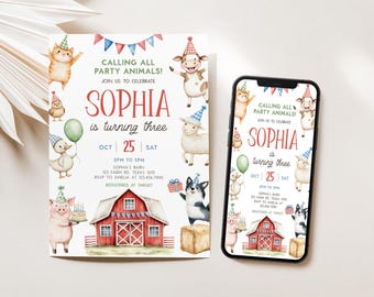 Editable Farm Birthday Party Invitation, Farm Animals Birthday Invitation, Calling All Party Animals Invite, Barnyard Birthday Invite, 85BD