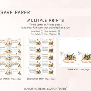 three different types of printed materials, including diaper raffles, books for babies, and thank you cards. The materials are designed for use in a diaper raffle, a baby shower, or a thank you event. The text provides information about the items, such as their size, print quantity, and how they can be used.