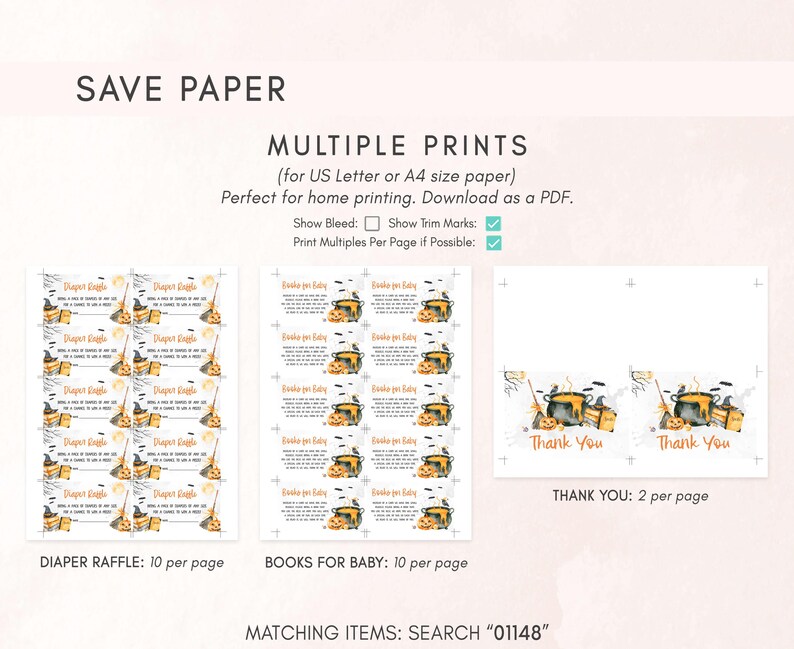 three different types of printed materials, including diaper raffles, books for babies, and thank you cards. The materials are designed for use in a diaper raffle, a baby shower, or a thank you event. The text provides information about the items, such as their size, print quantity, and how they can be used.