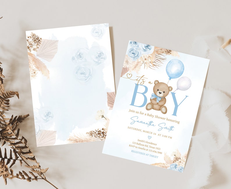 Editable Blue Pampas Grass Boy Boho Bear Baby Shower Invitation, We Can ...