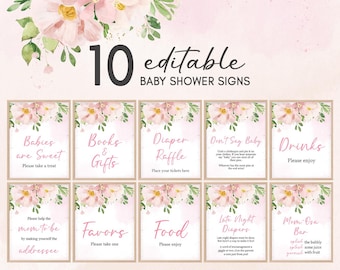 May include: Ten editable baby shower signs with floral watercolor accents. Each sign features a pink floral design and text such as "Babies are Sweet," "Books & Gifts," and "Diaper Raffle." The signs are arranged in a grid.