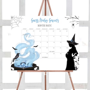 Editable A Baby is Brewing Halloween Baby Shower Due Date Calendar, Boy Halloween Baby Shower Calendar, Witch Birthday Predictions Game 0449 image 1