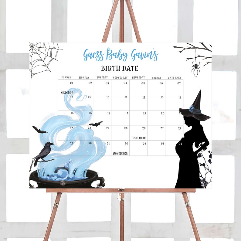 Editable A Baby is Brewing Halloween Baby Shower Due Date Calendar, Boy Halloween Baby Shower Calendar, Witch Birthday Predictions Game 0449 image 1