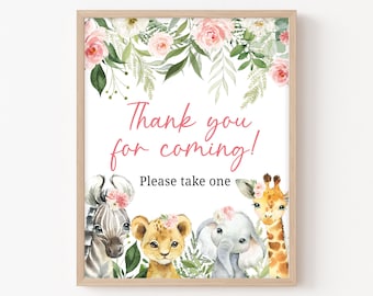 Jungle Baby Shower Thank you for Coming Sign Girl Safari Animals Baby Shower Favor Sign Safari Printable Sign Floral Shower Template 0185