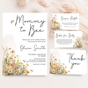 Editable Bee Baby Shower Invitation Bundle, Wildflower Bee Baby Shower Invite Set, Mommy to Bee Baby Shower, Floral Honey Bee Invites, 01022