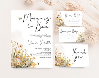 Może przedstawiać: Zaproszenie na baby shower z kwiatowym wzorem przedstawiającym pszczoły i tekst "Mommy to Bee". Zaproszenie zawiera imię "Olivia Smith", datę i godzinę imprezy oraz miejsce. Zawiera również informacje o rejestrze prezentów i potwierdzeniu obecności.