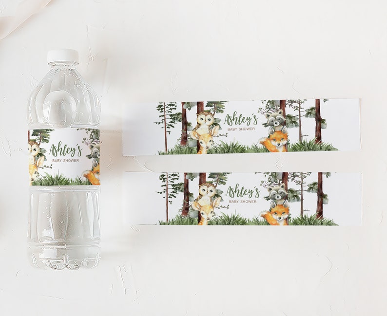 Editable Woodland Baby Shower Bottle Label, Woodland Boy Baby Shower Water Label, Woodland Animals Forest Shower Water Bottle Stickers, 0645 image 3