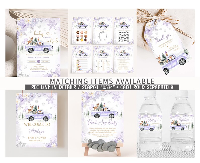 Editable Purple Winter Woodland Baby Shower Games Bundle, Girl Woodland Winter Baby Shower Game Pack, Girl Baby It's Cold Outside Game, 0534 image 2