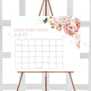 Editable Baby in Bloom Baby Shower Due Date Calendar, Spring Floral Baby Shower Calendar, Wildflower Spring Birthday Predictions Game, 0614 image 1