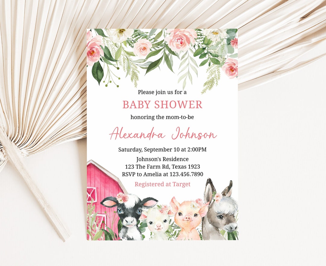 Editable Girl Farm Baby Shower Invitation, Floral Farm Animals Baby ...