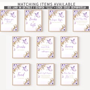 May include: Set of ten printable signs for a baby shower with a purple butterfly and floral theme. The signs include "Babies are Sweet", "Books & Gifts", "Diaper Raffle", "Don't Say Baby", "Drinks", "Mom-to-be Addressee", "Food", "Late Night Diapers", "Favors", and "Mom-osa Bar".