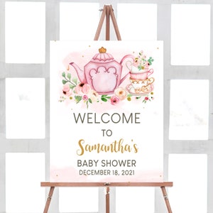 Tea Party Baby Shower Welcome Sign Blush Pink Gold Tea Party Floral Baby Shower Welcome Sign Baby is Brewing Girl Baby Shower Printable 0146