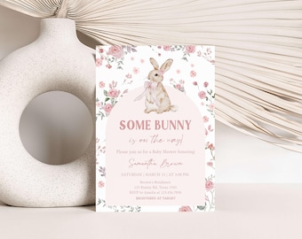Editable Some Bunny Baby Shower Invitation, Pink Floral Spring Baby Shower Invite, Spring Flower Girl Rabbit Baby Shower Invitation, 01025