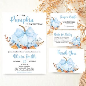 Editable Blue Floral Bow Pumpkin Baby Shower Invitation Bundle, Blue Bow Fall Baby Shower Invite Pack, Boy Little Pumpkin Coquette, 01138