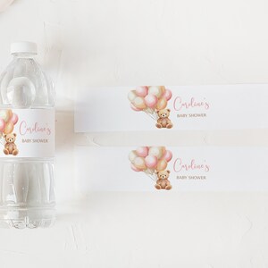 Editable Boho Bear Baby Shower Bottle Label, Pink Balloon Baby Shower Water Label, We Can Bearly Wait Baby Shower Water Bottle Sticker, 0673 image 3