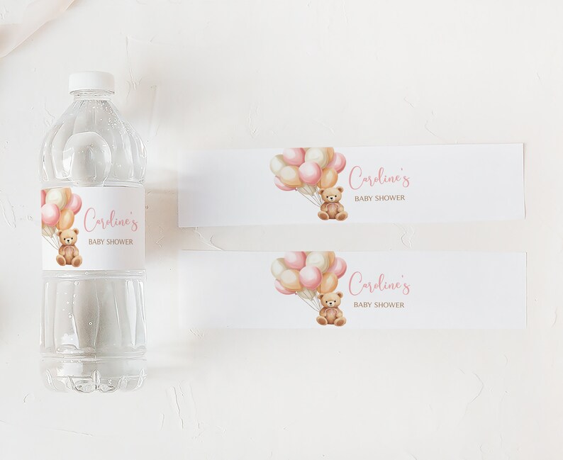 Editable Boho Bear Baby Shower Bottle Label, Pink Balloon Baby Shower Water Label, We Can Bearly Wait Baby Shower Water Bottle Sticker, 0673 image 3