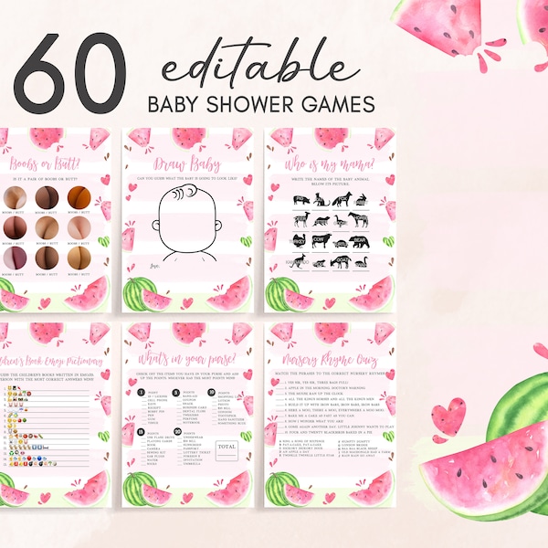 Editable Pink Watermelon Baby Shower Games Bundle Watermelon Girl Baby Shower Game Pack Watermelon Party Games Pack Printable Template 0266