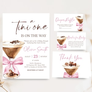 Editable Espresso Martini Baby Shower Invitation Bundle, A Tini One Is On the Way Brewing Baby Shower Invite, Pink Bow Coffee Invite, 01099
