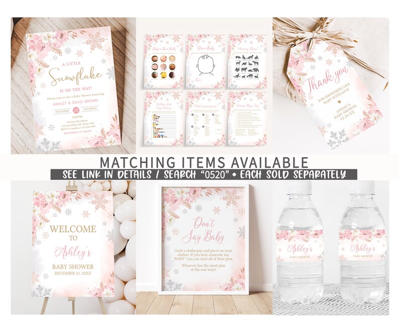 Editable Pink Snowflake Baby Shower Games Bundle, Pink A Little Snowflake Baby Shower Game Pack, Girl Winter Baby Shower Games Set, 0520 image 2