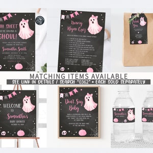 May include: A collection of baby shower decorations with a Halloween theme. Includes invitations, a quiz, gift tags, a welcome sign, and water bottle labels. Each item features a pink ghost illustration and the text "Samantha's Baby Shower".