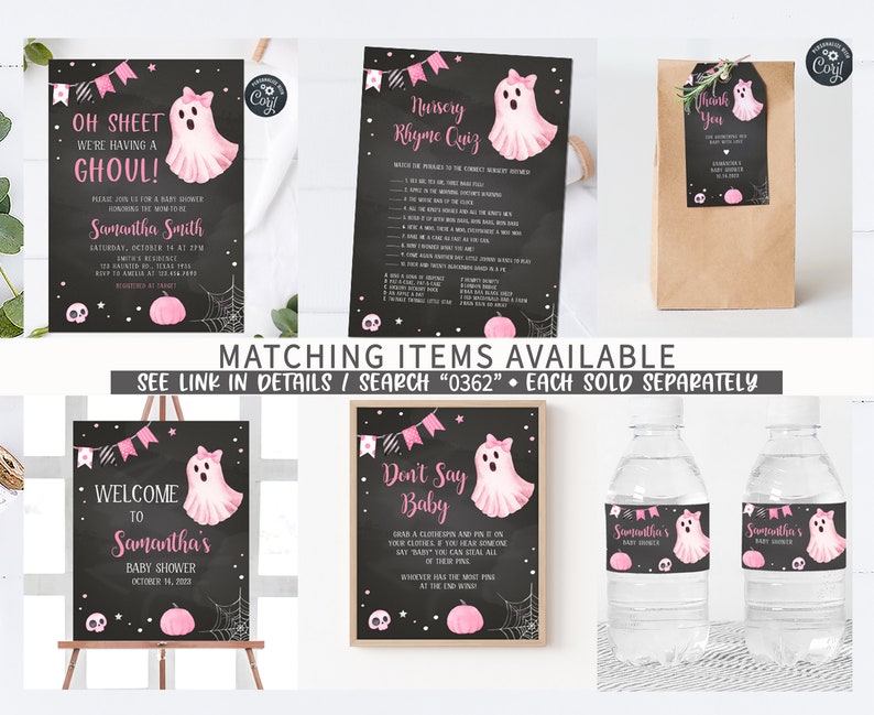 May include: A collection of baby shower decorations with a Halloween theme. Includes invitations, a quiz, gift tags, a welcome sign, and water bottle labels. Each item features a pink ghost illustration and the text "Samantha's Baby Shower".