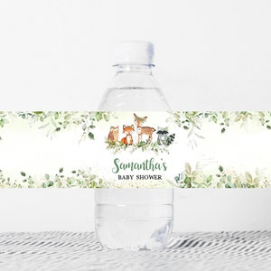 Etichetta modificabile per bottiglia per baby shower nel bosco Verde Animali del bosco Etichetta per acqua per baby shower nel bosco Adesivo per bottiglia per bosco Modello stampabile 0320