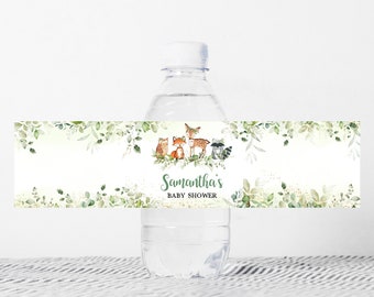 Bewerkbaar bos baby shower fles label groen bos dieren baby shower water label bos fles sticker afdrukbare sjabloon 0320