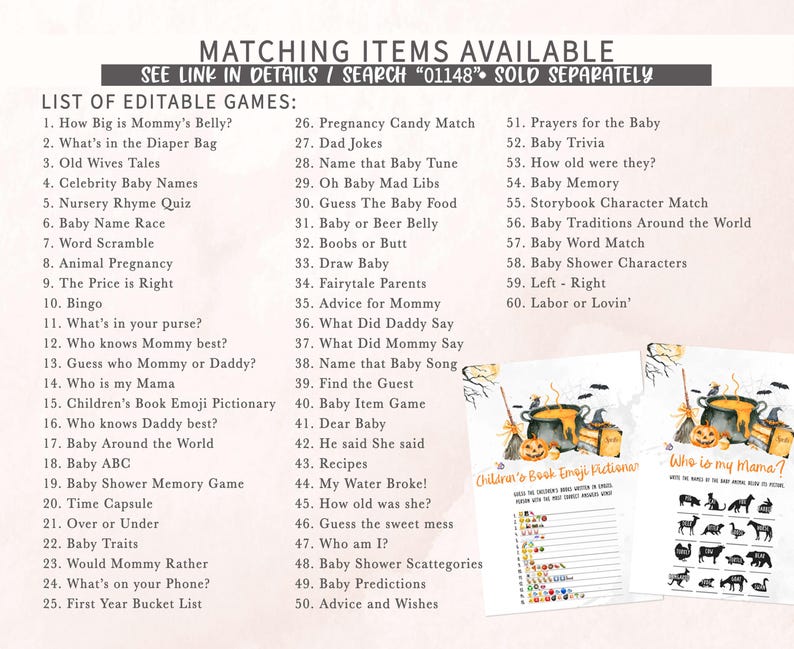 The image is a list of editable games available, with various titles and descriptions, including games related to pregnancy, baby names, nursery rhymes, and more.