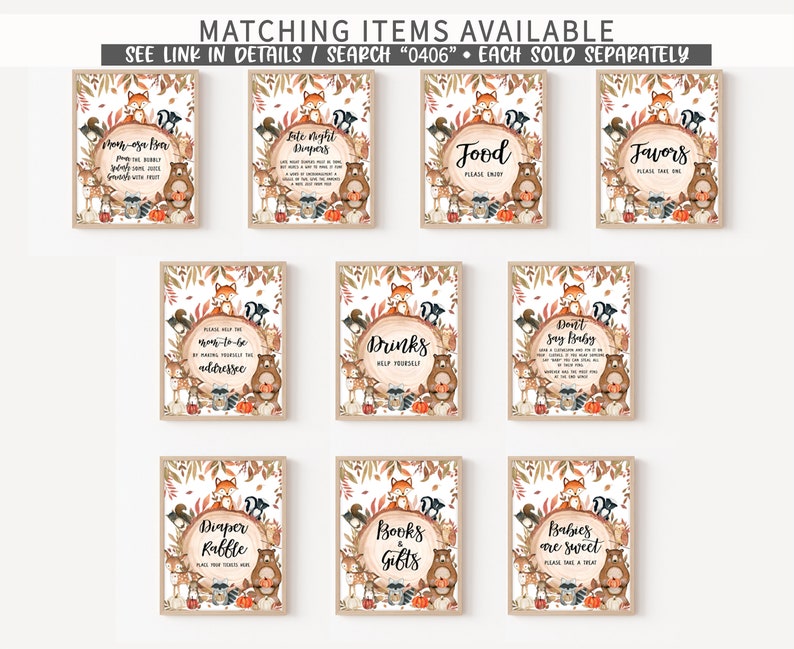 May include: A collection of framed signs with woodland animal illustrations and text. The signs include phrases like "Mom-osa Bar," "Food," and "Favors." The signs have a fall theme with brown, orange, and green colors.