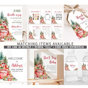 May include: A collection of baby shower stationery with a festive Christmas theme. Includes invitations, games, a thank you tag, and water bottle labels. The designs feature a red truck, Christmas trees, and gift boxes. Text includes "A little Bundle of Joy" and "Ashley's Baby Shower".