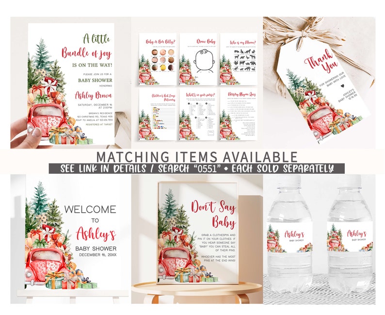 May include: A collection of baby shower stationery with a festive Christmas theme. Includes invitations, games, a thank you tag, and water bottle labels. The designs feature a red truck, Christmas trees, and gift boxes. Text includes "A little Bundle of Joy" and "Ashley's Baby Shower".