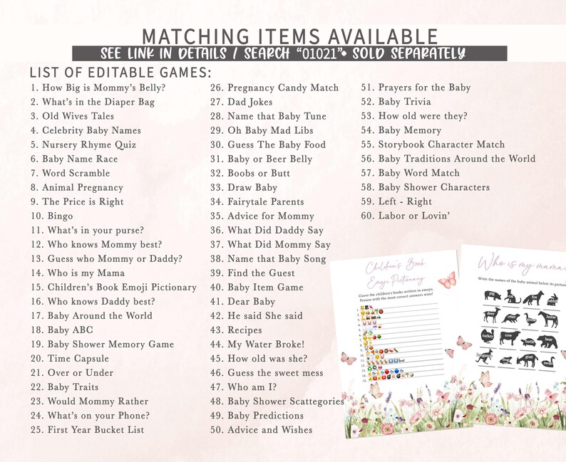 a list of matching items available for a baby shower